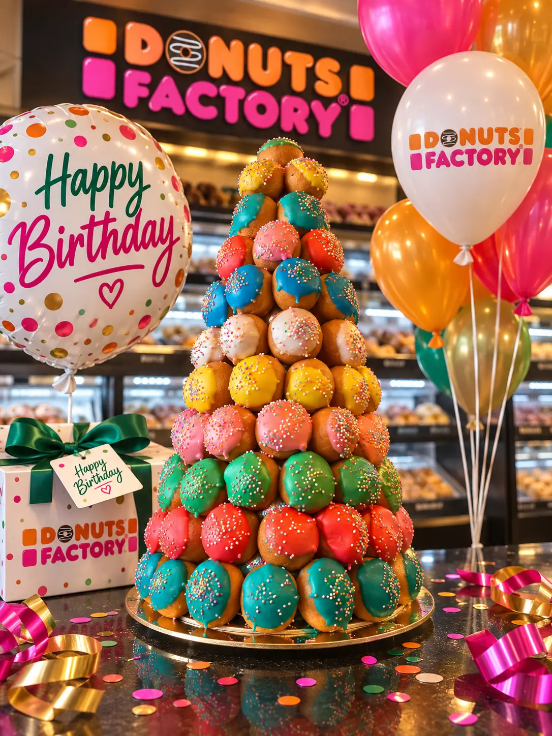 A large colorful Donuts Factory birthday donut tower surrounded by balloons and ribbons