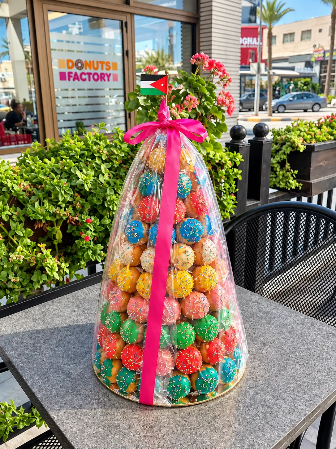 A wrapped Donuts Factory birthday donut tower ready for an occasion