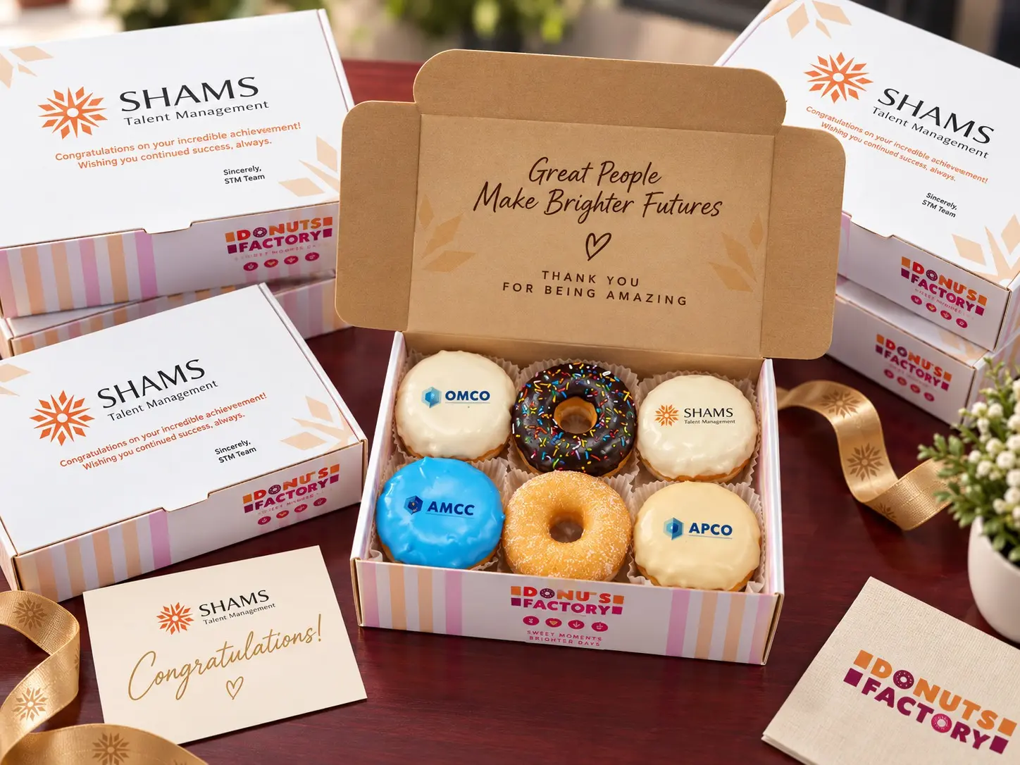 Donuts Factory corporate gift boxes customized with company branding and congratulatory messages