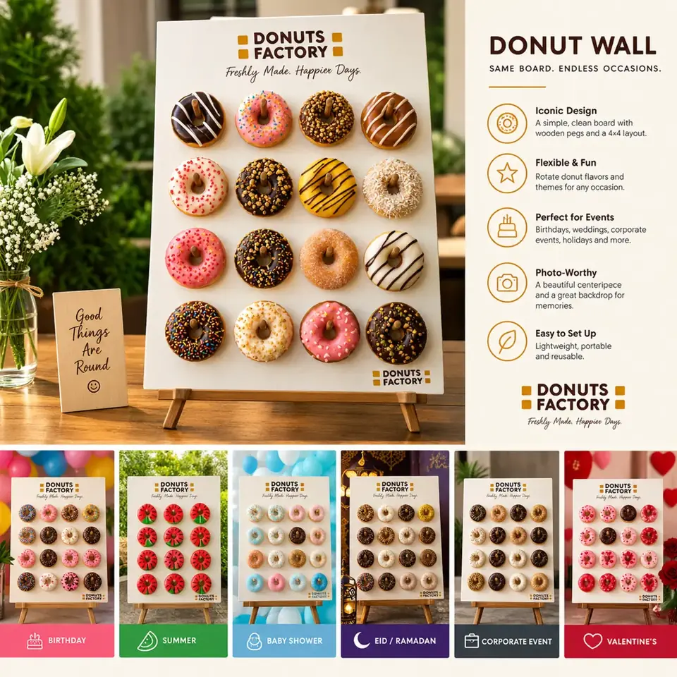 A themed Donuts Factory donut wall arranged for a birthday celebration