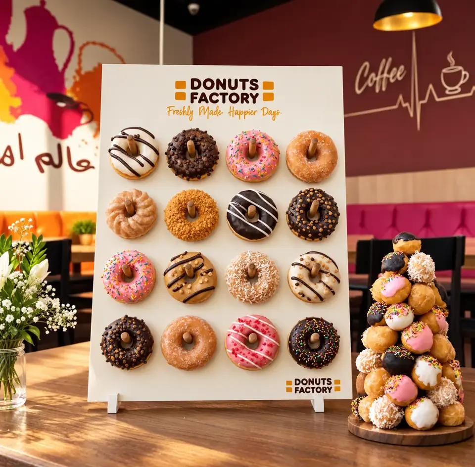 A Donuts Factory wall displaying sixteen assorted donuts