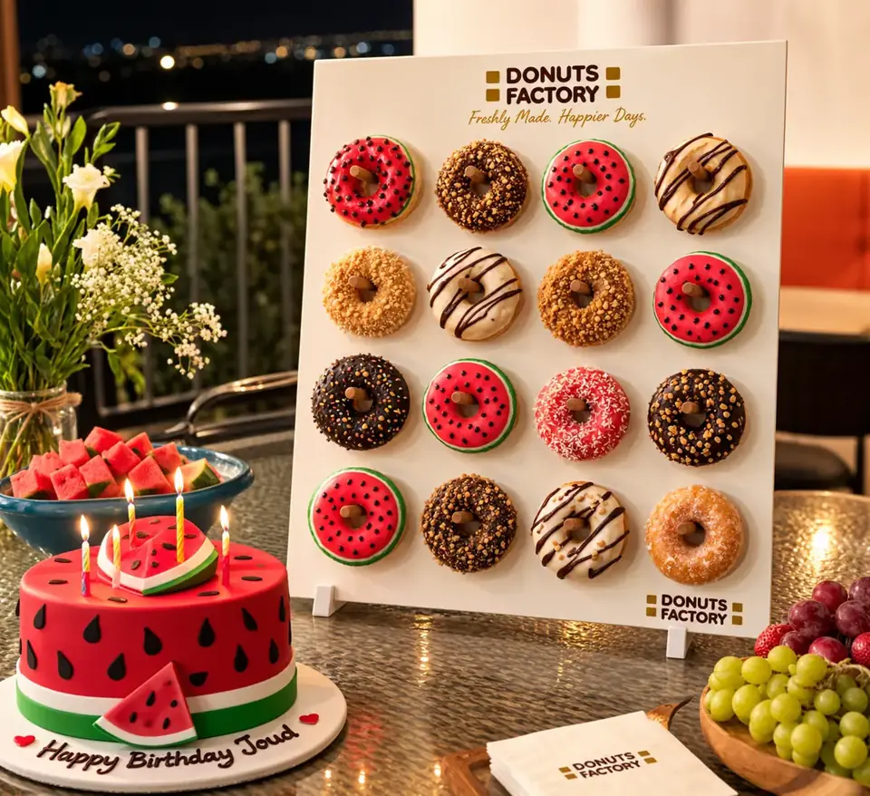 A Donuts Factory donut wall displayed with a colorful birthday tower